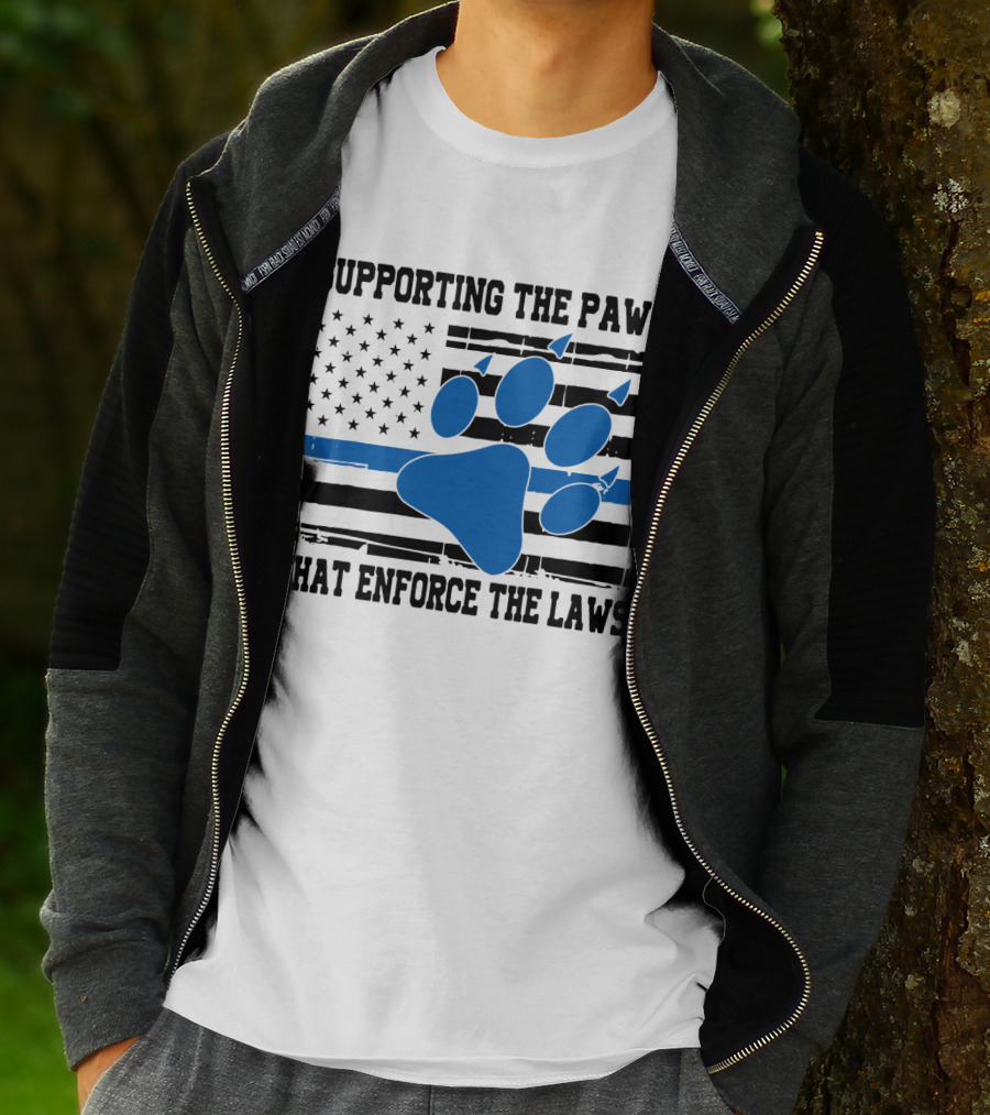 Supporting The Paws That Enforce The Laws American Flag Blue Paw Prints T-Shirt