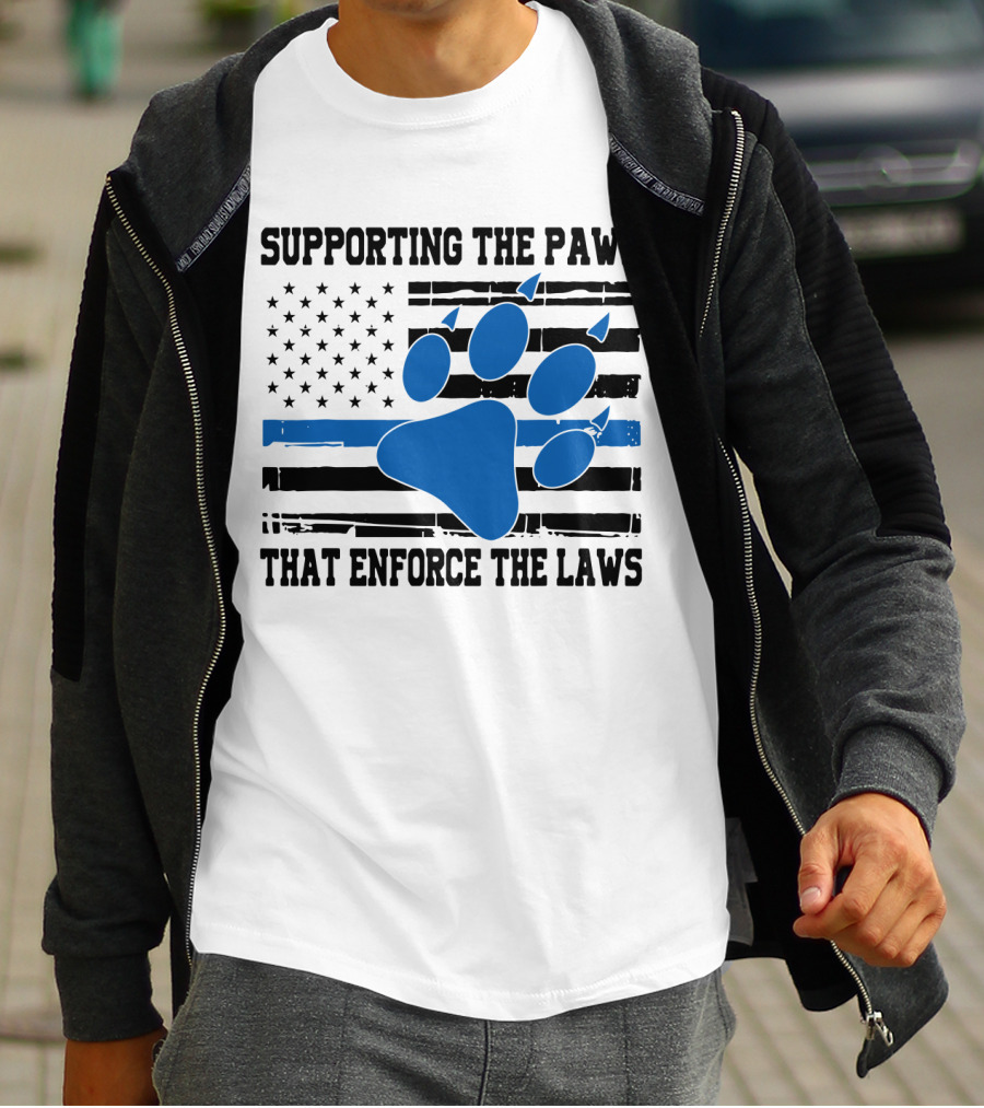 Supporting The Paws That Enforce The Laws American Flag Blue Paw Prints T-Shirt