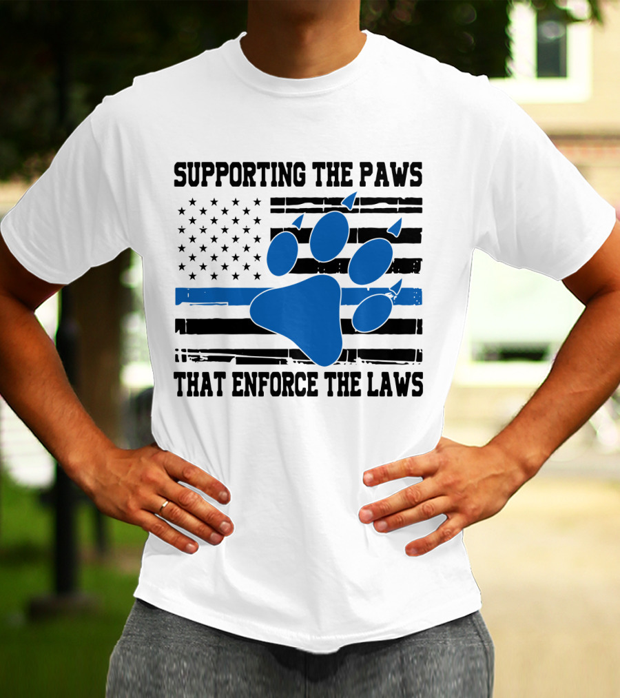 Supporting The Paws That Enforce The Laws American Flag Blue Paw Prints T-Shirt