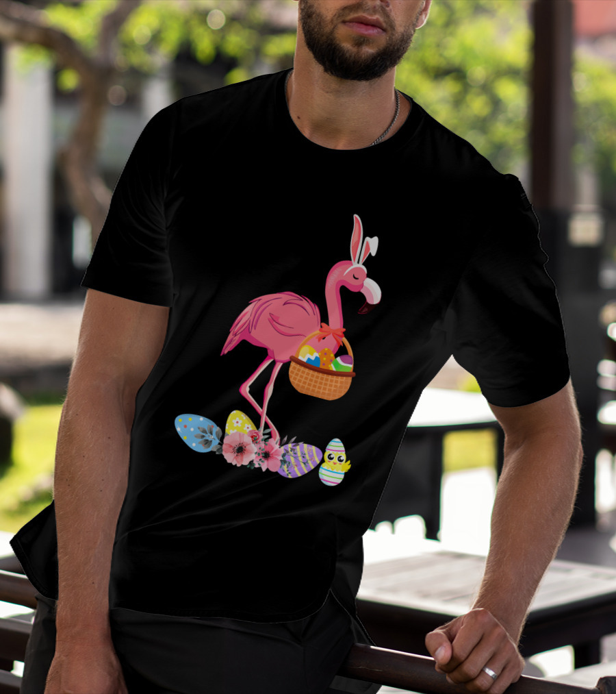 Flamingo With Easter Basket And Colorful Eggs T-Shirt