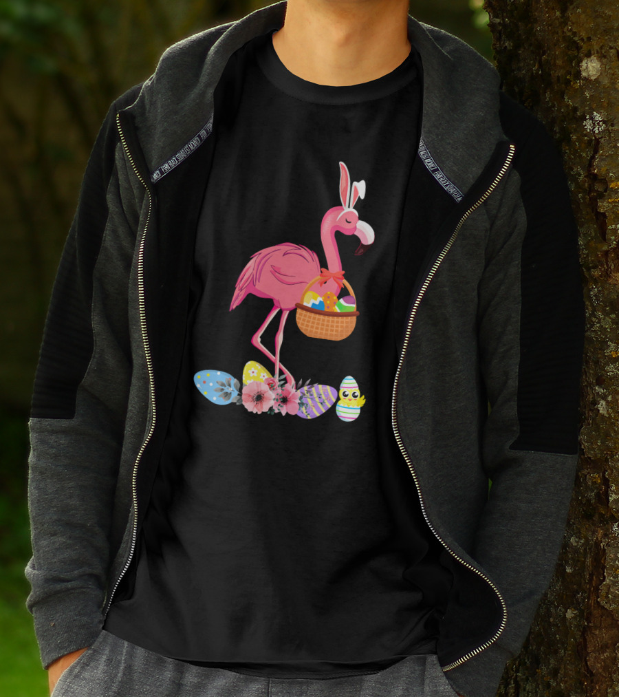 Flamingo With Easter Basket And Colorful Eggs T-Shirt