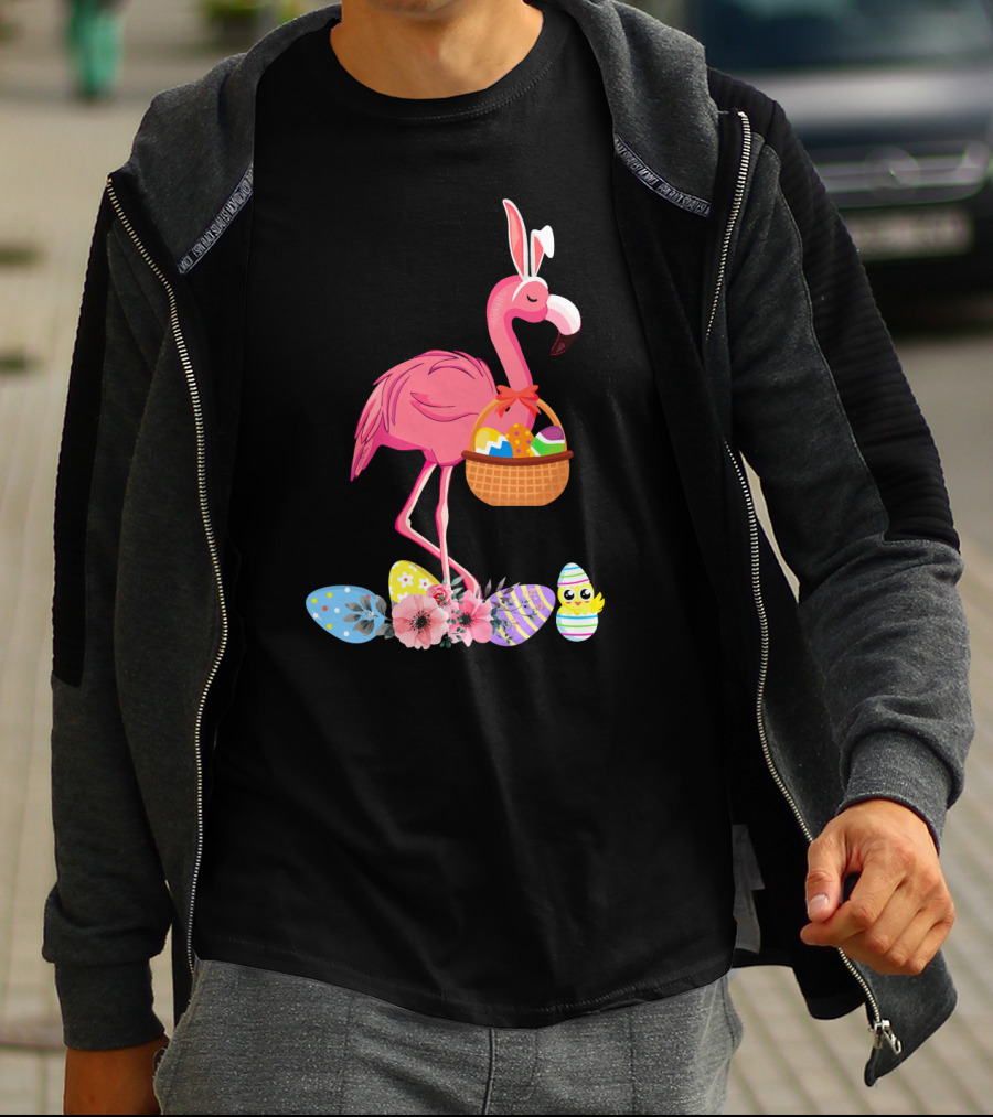 Flamingo With Easter Basket And Colorful Eggs T-Shirt