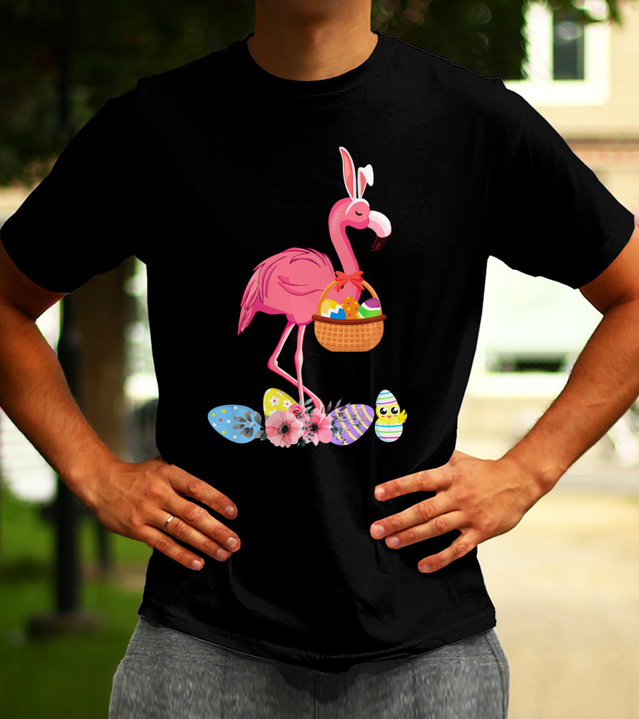Flamingo With Easter Basket And Colorful Eggs T-Shirt