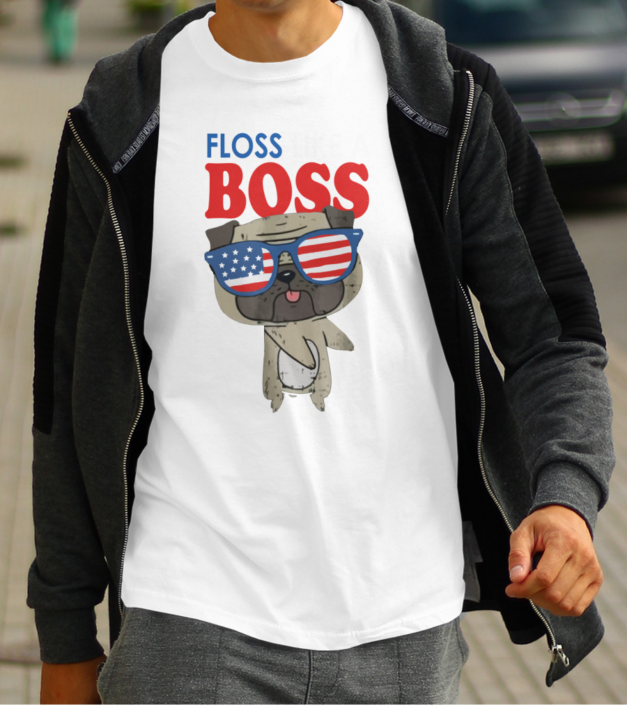 Floss Like A Boss Bulldog With American Flag Sunglasses T-Shirt