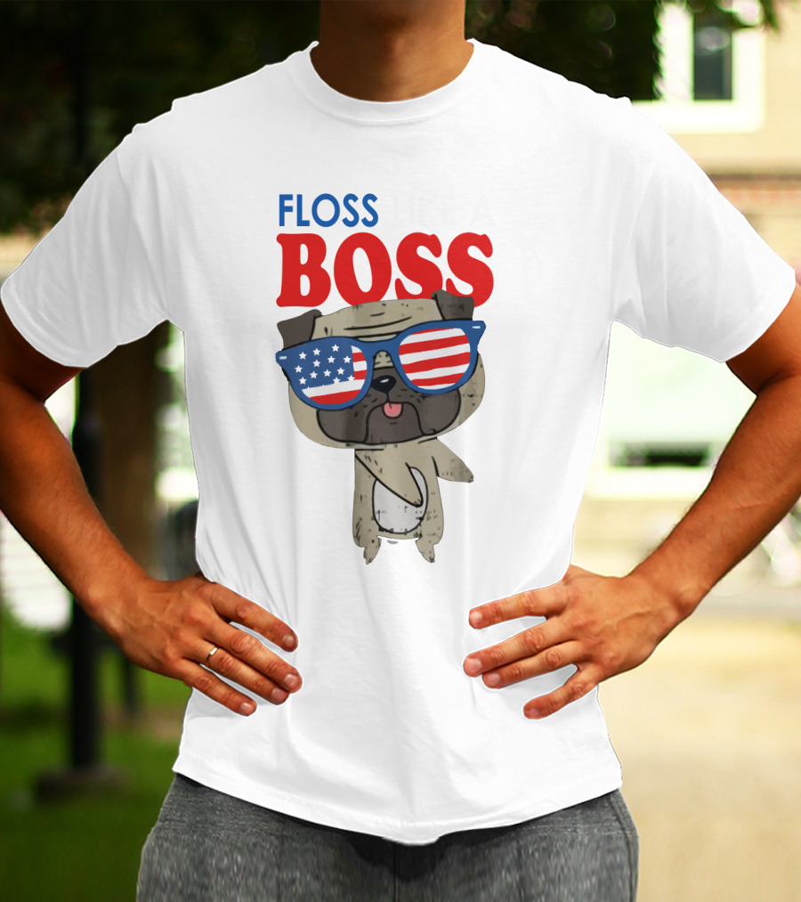 Floss Like A Boss Bulldog With American Flag Sunglasses T-Shirt