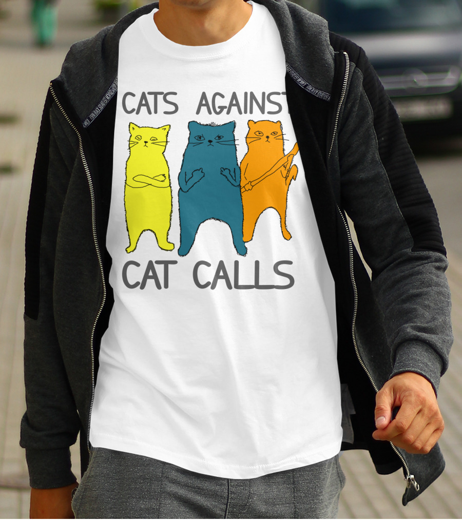 CATS AGAINST CAT CALLS Three Colorful Cats United Stance T-Shirt