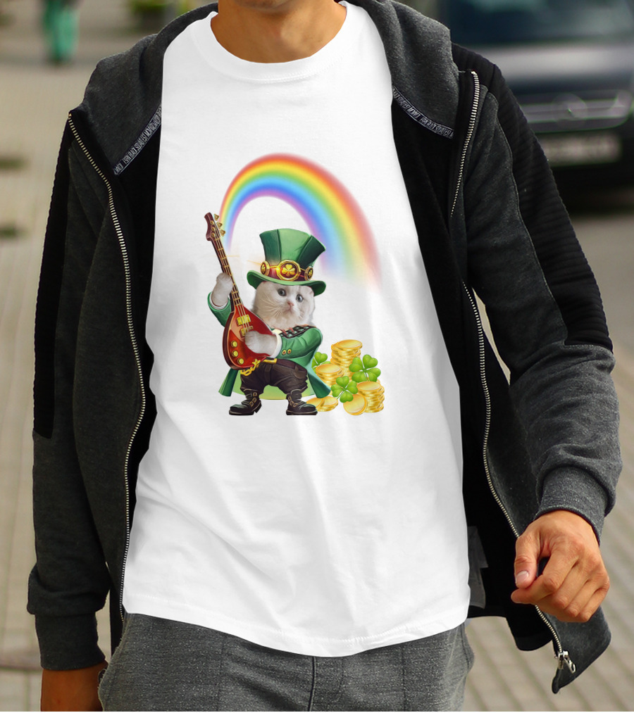 Cat Playing Guitar In Leprechaun Outfit With Rainbow And Gold Coins T-Shirt