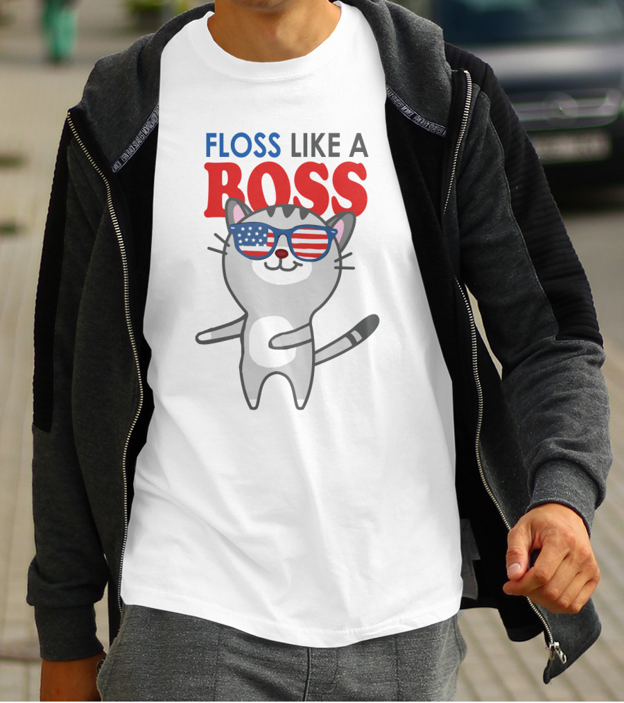 Floss Like A Boss Cat With American Flag Sunglasses T-Shirt