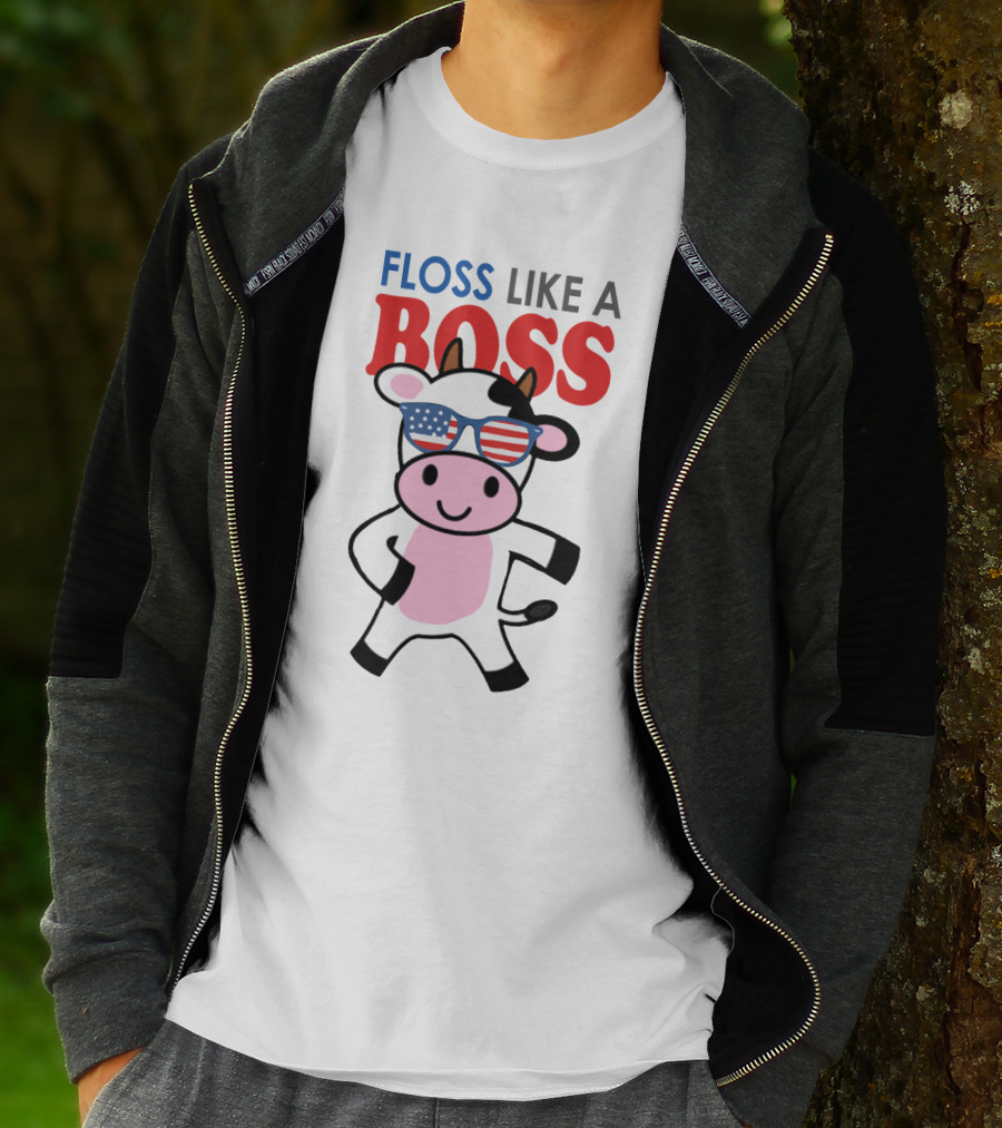 Floss Like A Boss Cow With American Flag Sunglasses T-Shirt
