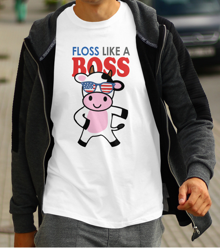 Floss Like A Boss Cow With American Flag Sunglasses T-Shirt