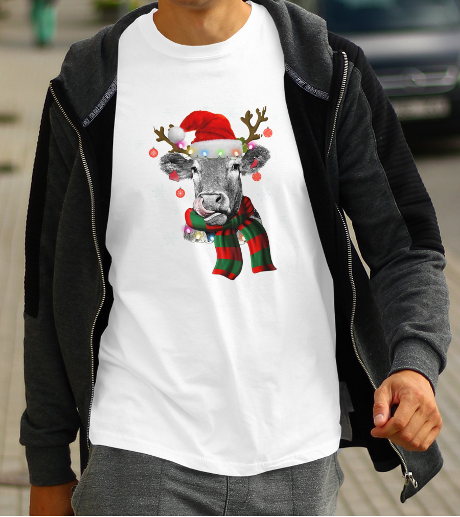 Cows Reindeer Santa Claus Christmas Lights Scarf Antlers Snowflakes Ornaments T-Shirt