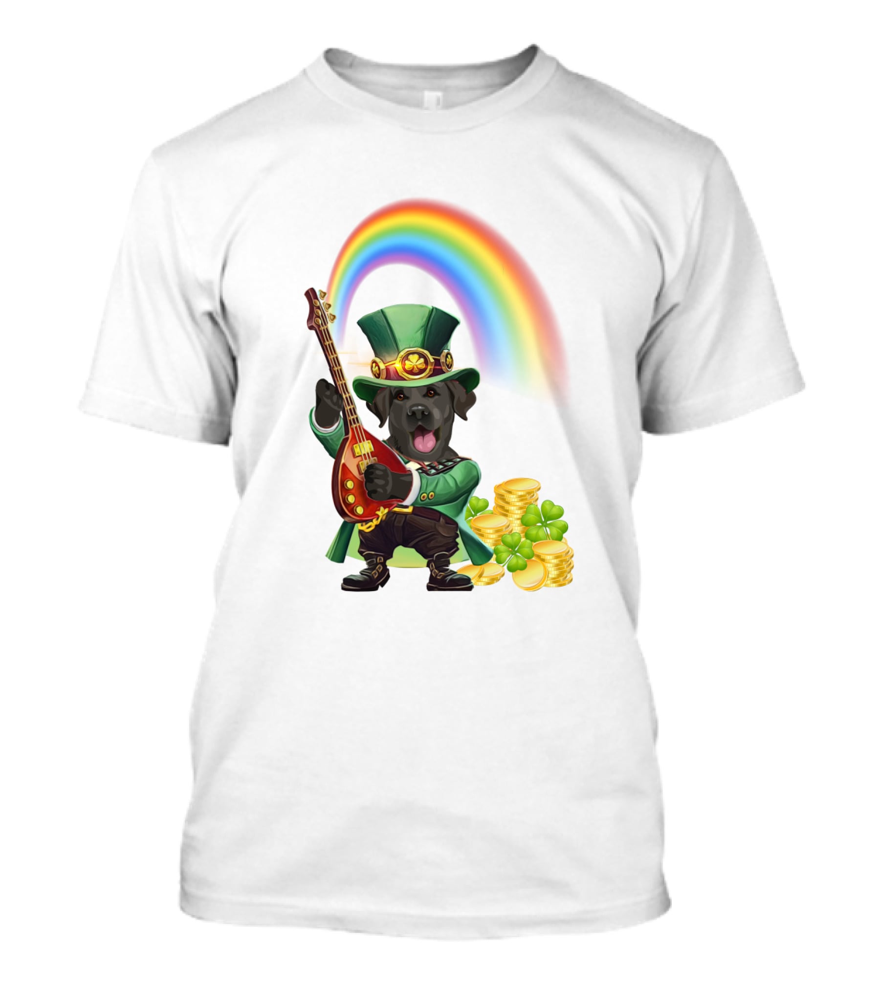 Dog Rocking Irish Luck Rainbow Guitar T-Shirt