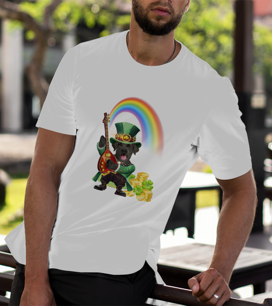 Dog Rocking Irish Luck Rainbow Guitar T-Shirt