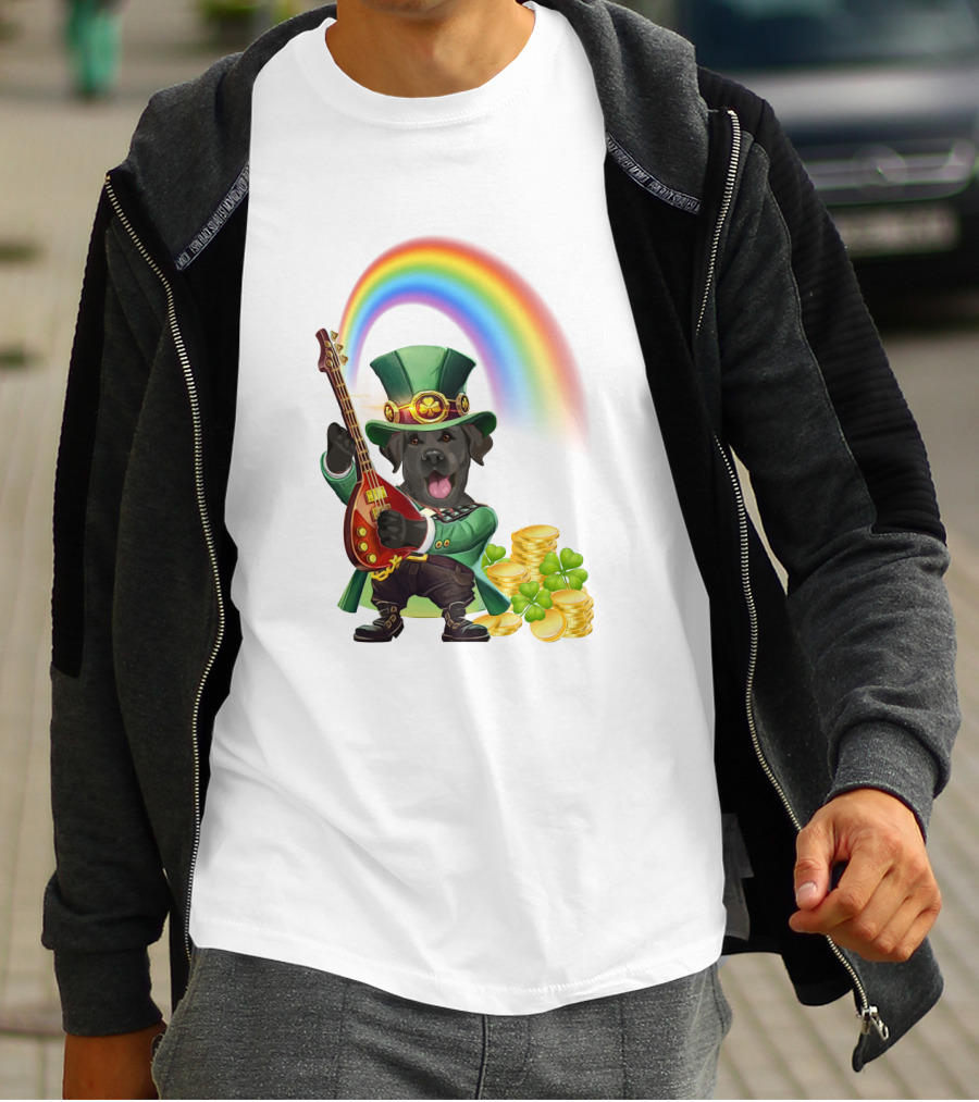 Dog Rocking Irish Luck Rainbow Guitar T-Shirt