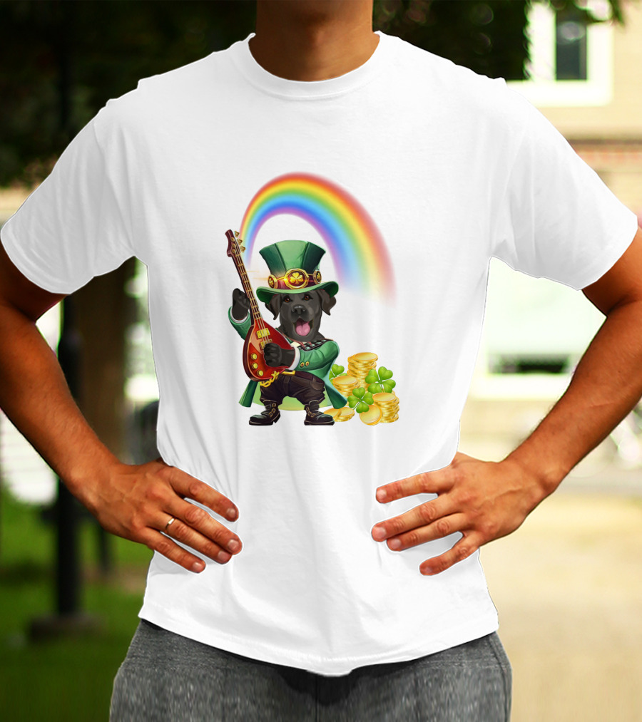 Dog Rocking Irish Luck Rainbow Guitar T-Shirt