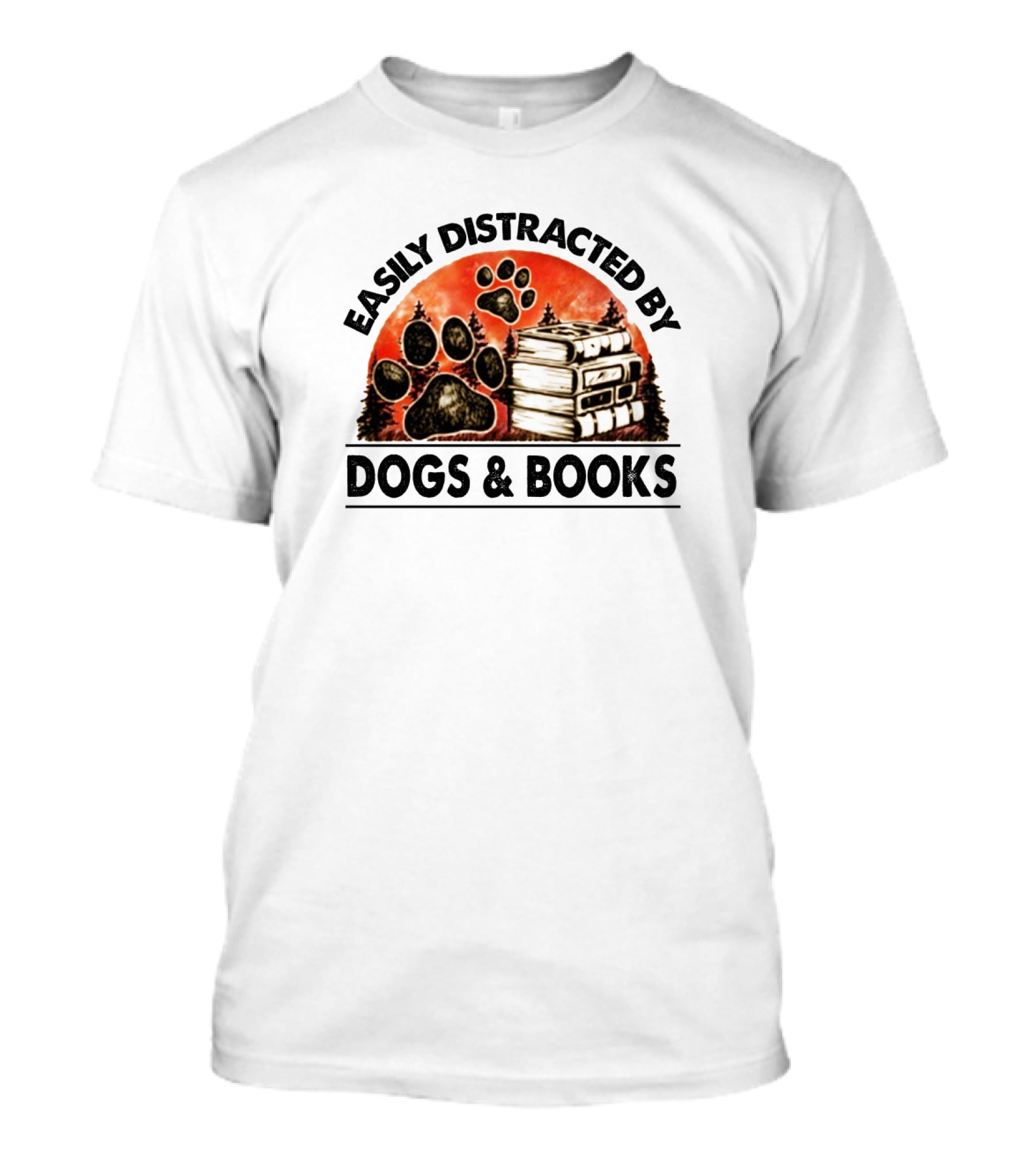 Easily Distracted By Dogs And Books Paw Print Stack T-Shirt