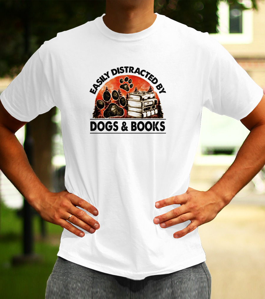 Easily Distracted By Dogs And Books Paw Print Stack T-Shirt
