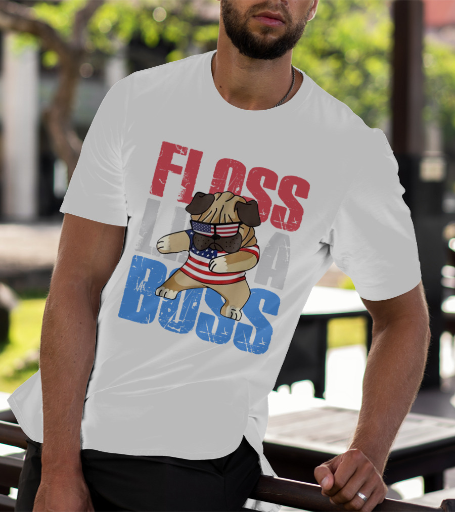 Floss Like A Boss American Flag Bulldog With Sunglasses T-Shirt