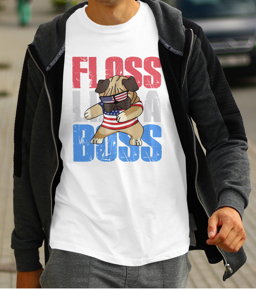 Floss Like A Boss American Flag Bulldog With Sunglasses T-Shirt