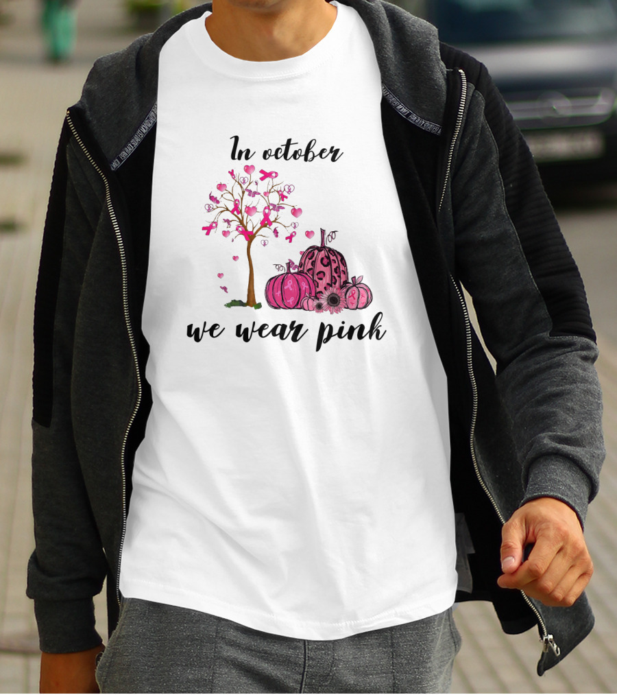 In October We Wear Pink Breast Cancer Awareness Pink Ribbon Tree And Pumpkins T-Shirt
