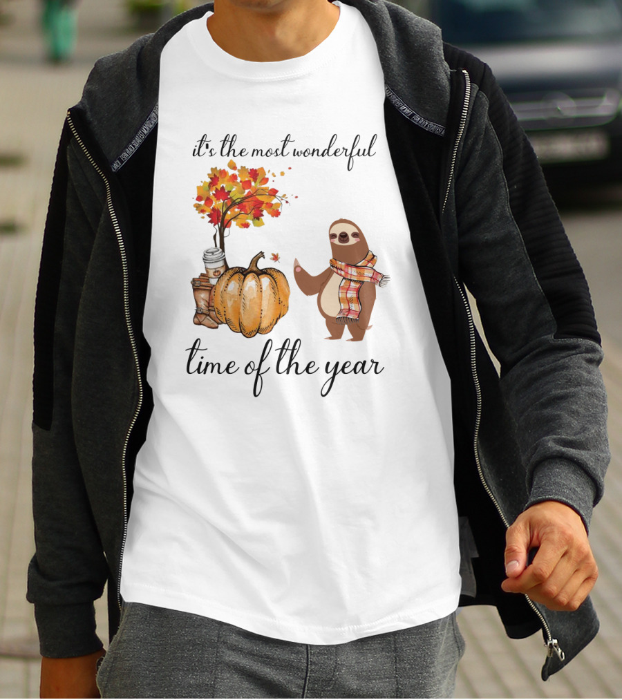 It's The Most Wonderful Time Of The Year Sloths Pumpkin Coffee Leaves Fall T-Shirt