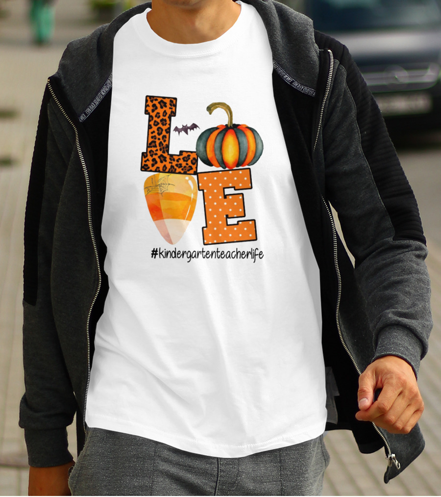 Love Kindergarten Teacher Life Halloween Pumpkin Candy Corn Leopard Print T-Shirt