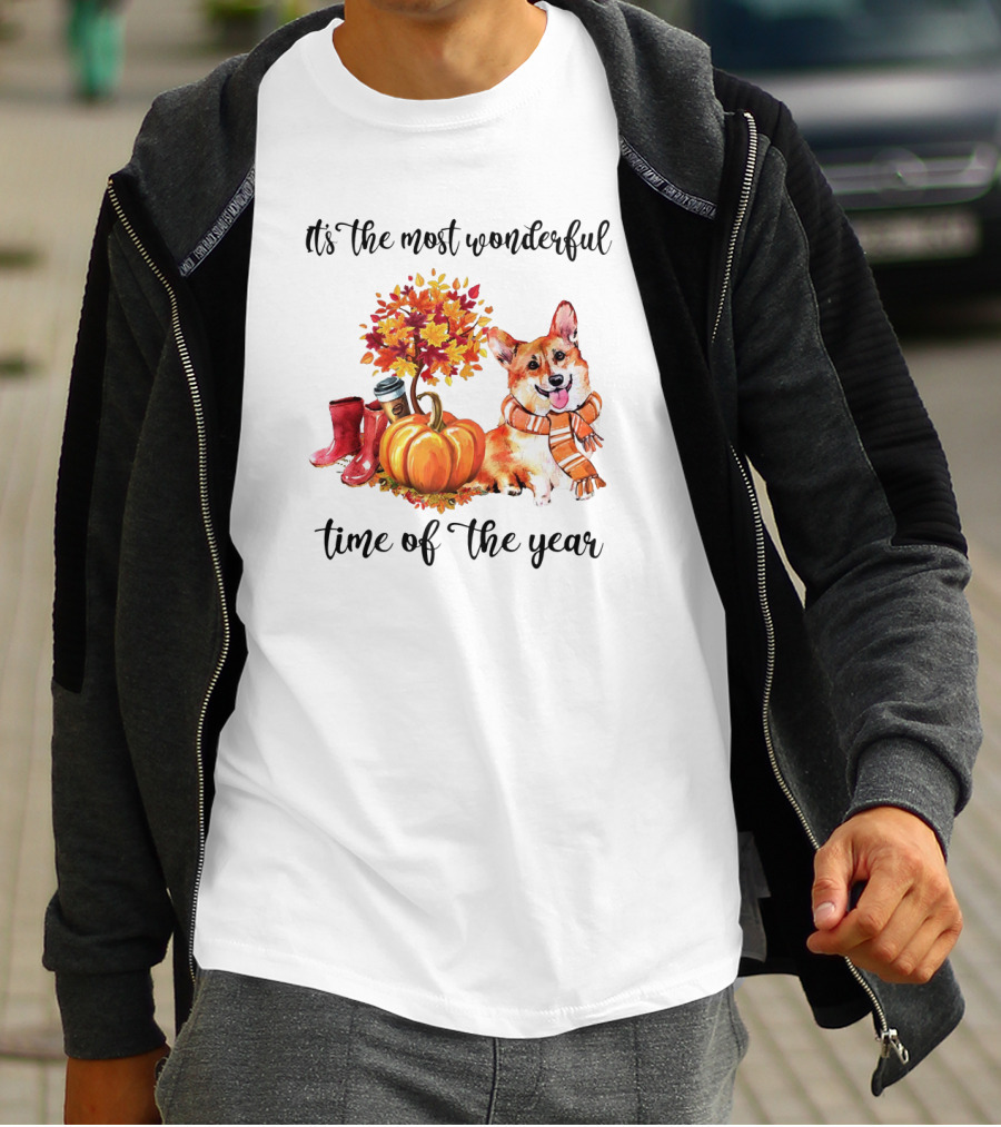 It's The Most Wonderful Time Of The Year Corgi Dog Autumn Leaves Scarf Pumpkins And Boots T-Shirt