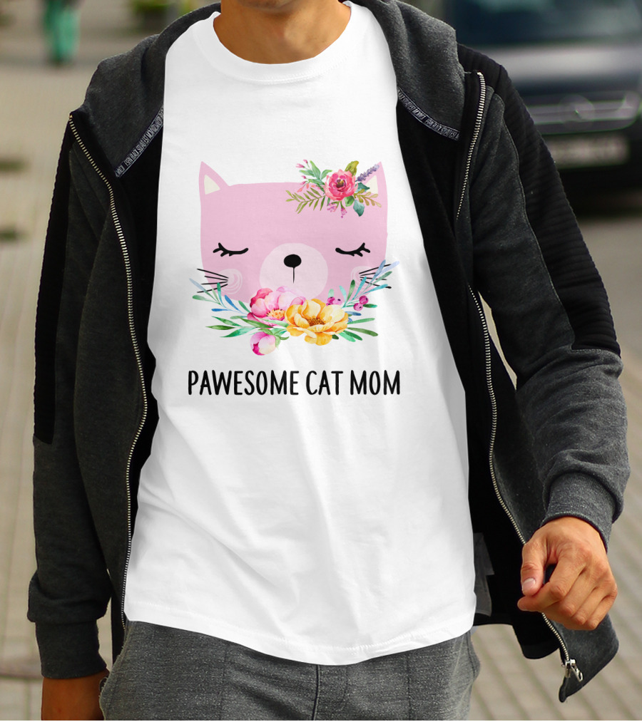 PAWESOME CAT MOM FLORAL PINK FACE T-Shirt