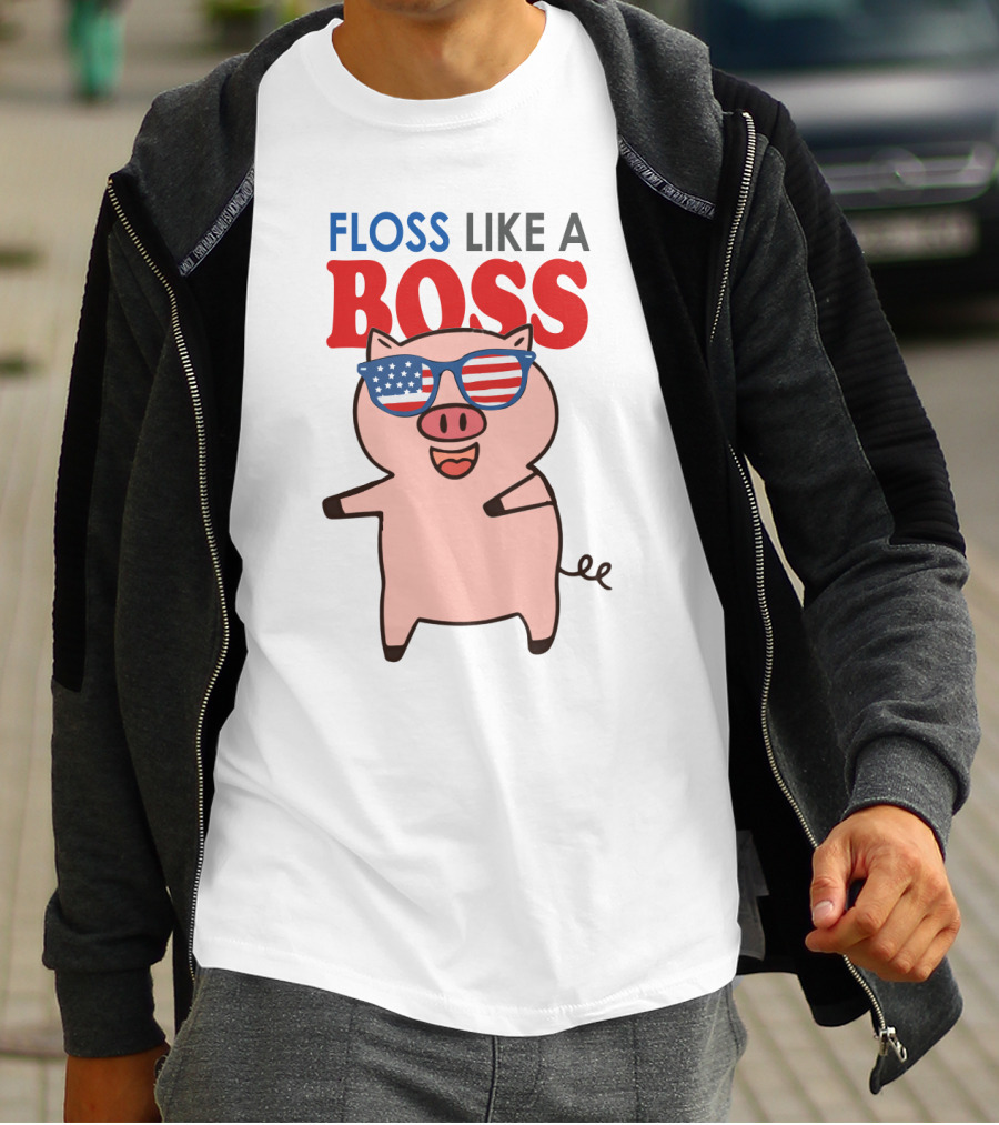 Floss Like A Boss Pig With American Flag Sunglasses T-Shirt