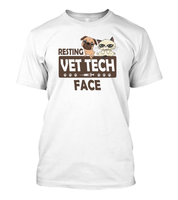 Resting Vet Tech Face Pug Cat Paw Syringe T-Shirt