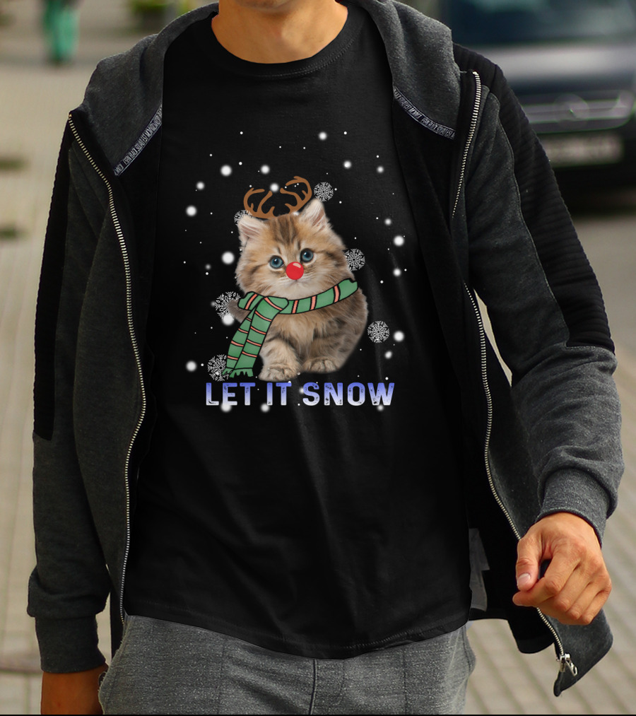 Cat Rudolph Reindeer Antlers Merry Christmas Let It Snow T-Shirt