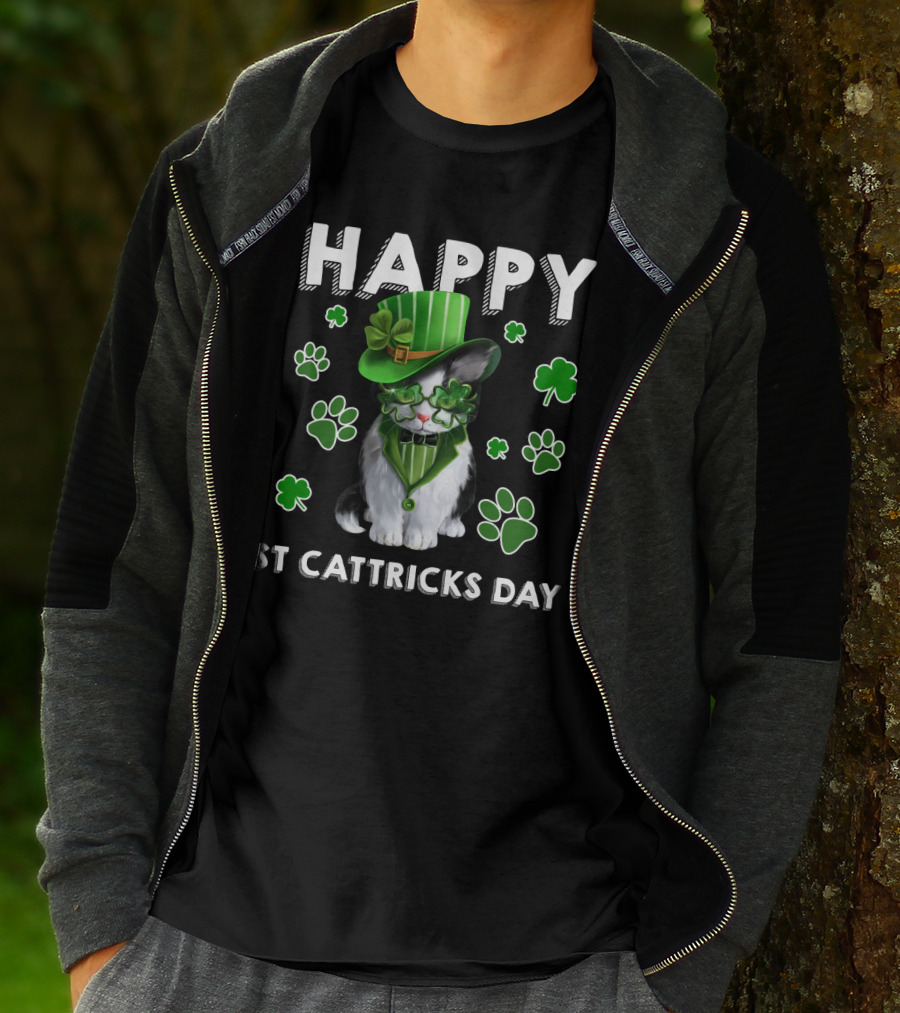 Happy St Cattrick's Day Funny Cats Shamrock T-Shirt