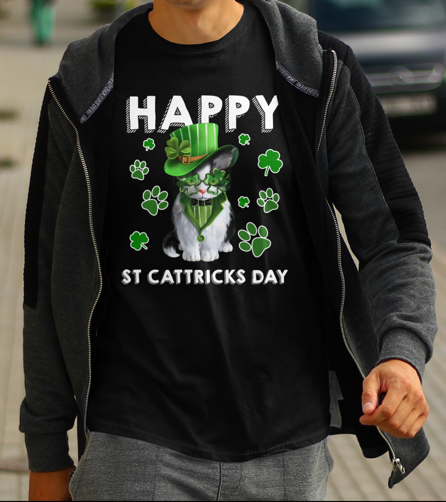 Happy St Cattrick's Day Funny Cats Shamrock T-Shirt