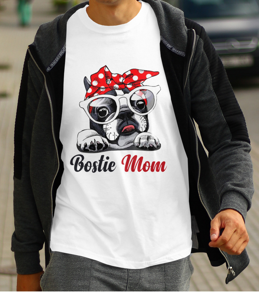 Bostie Mom Glasses And Red Polka Dot Headband Dog T-Shirt