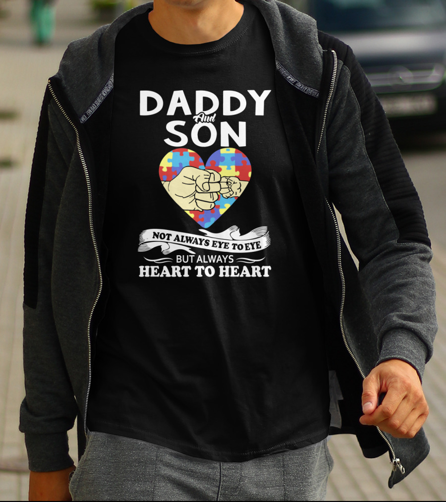 Daddy And Son Not Always Eye To Eye But Always Heart To Heart Puzzle Heart Fist Bump T-Shirt