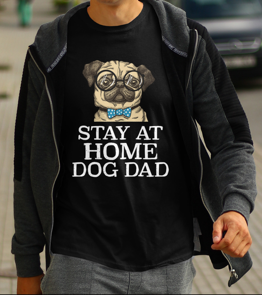 Stay At Home Dog Dad With Glasses And Blue Polka Dot Bow Tie Pug T-Shirt