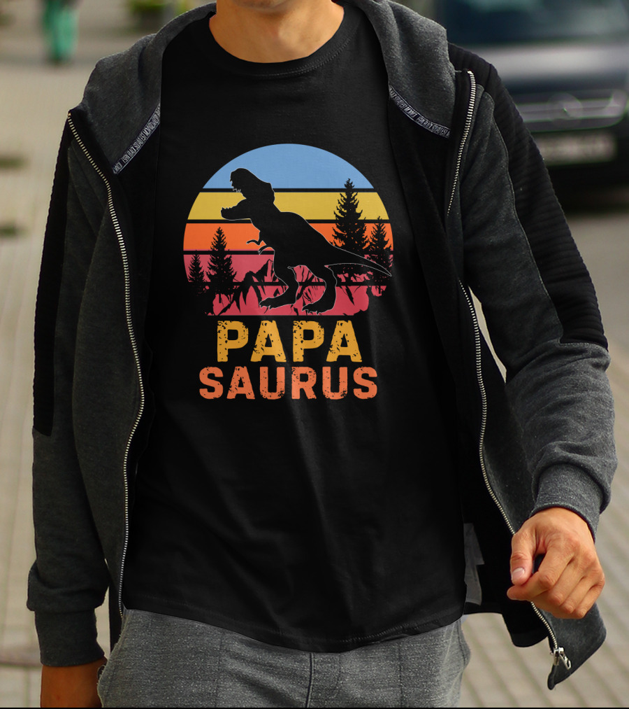 PAPA SAURUS Rex Dinosaur Silhouette Vintage Sunset T-Shirt