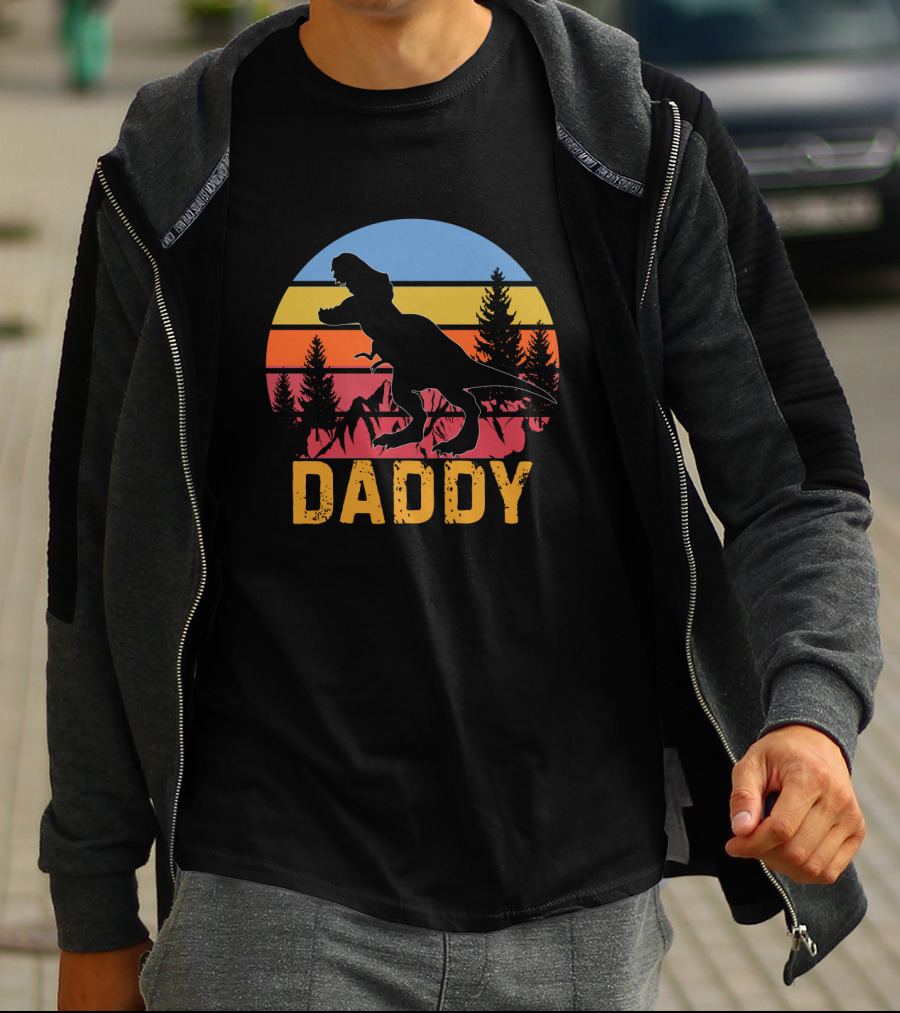 Daddy Saurus Dinosaur Sunset Silhouette Retro Vintage T-Shirt