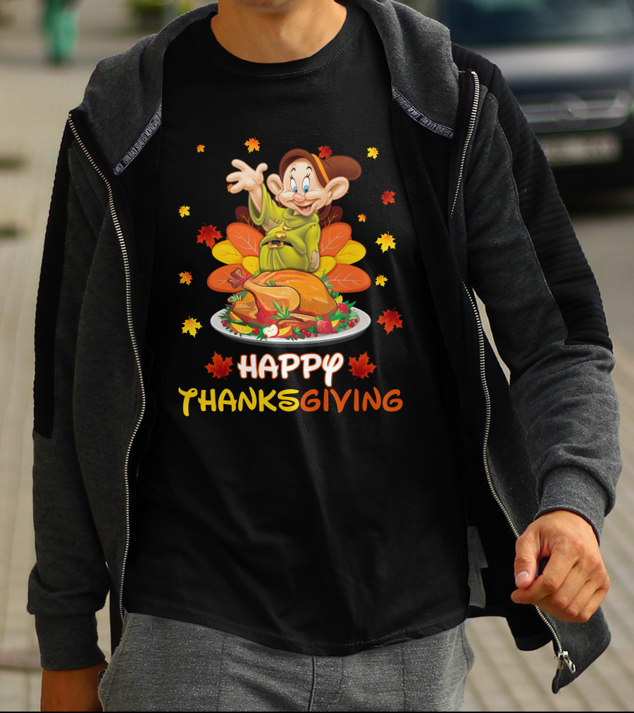 Dopey Happy Thanksgiving With Turkey And Autumn Leaves T-Shirt