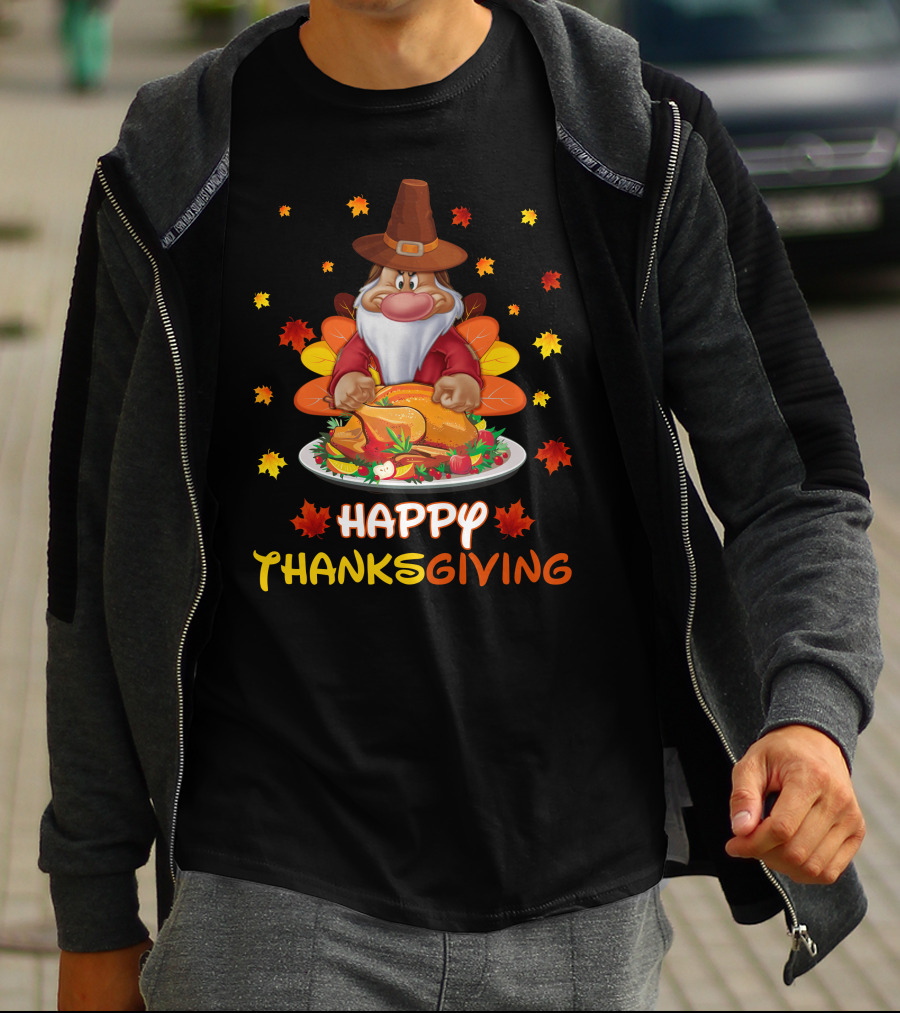 Happy Thanksgiving Grumpy Dwarf Pilgrim With Feast And Fall Leaves T-Shirt