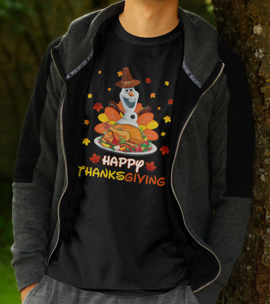 Olaf Turkey Happy Thanksgiving With Autumn Leaves And Pumpkin Pie T-Shirt