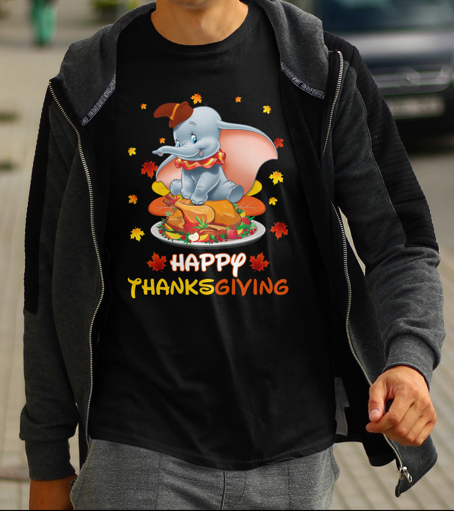 Happy Thanksgiving Dumbo Turkey Autumn Leaves T-Shirt