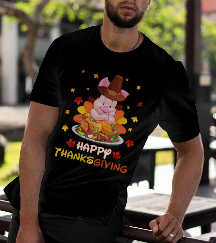 Happy Thanksgiving Piglet Feast With Autumn Leaves And Pilgrim Hat T-Shirt