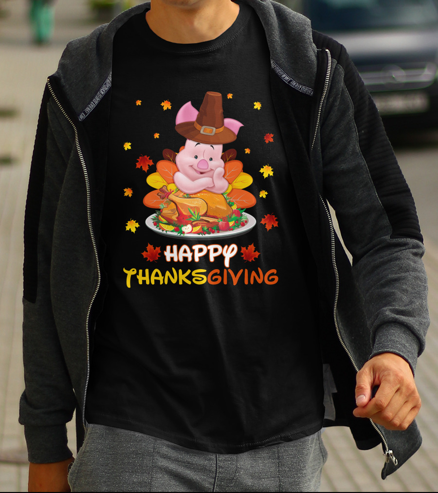 Happy Thanksgiving Piglet Feast With Autumn Leaves And Pilgrim Hat T-Shirt