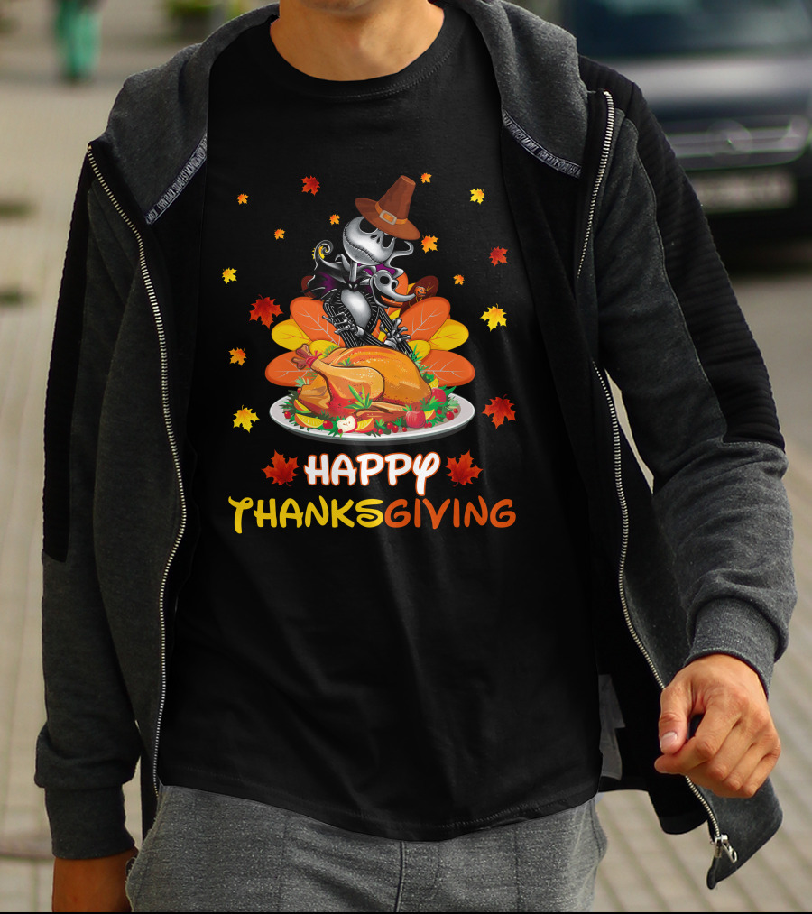 Happy Thanksgiving Skeleton With Turkey And Autumn Leaves T-Shirt