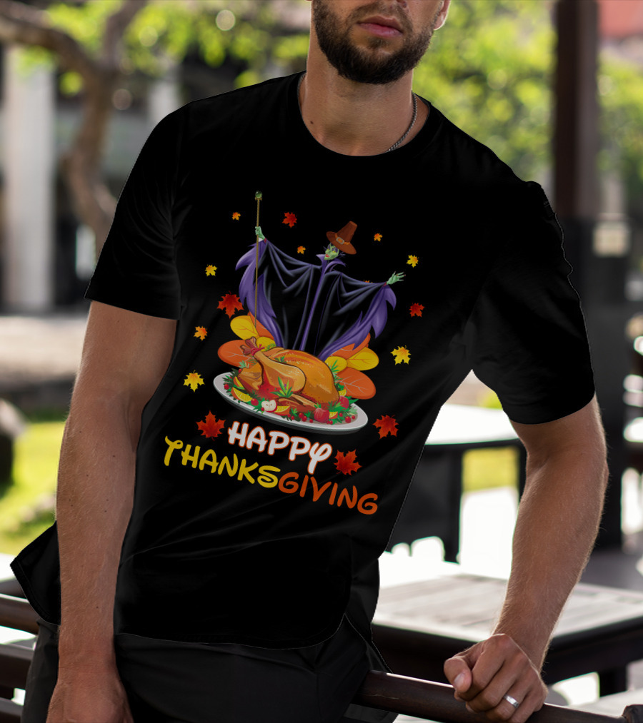 Happy Thanksgiving Maleficent Turkey Feast Magic Leaves T-Shirt