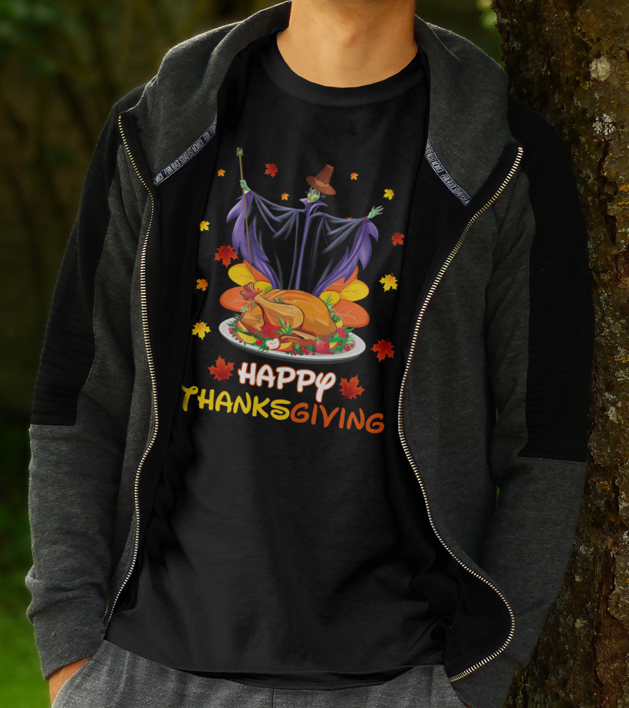 Happy Thanksgiving Maleficent Turkey Feast Magic Leaves T-Shirt