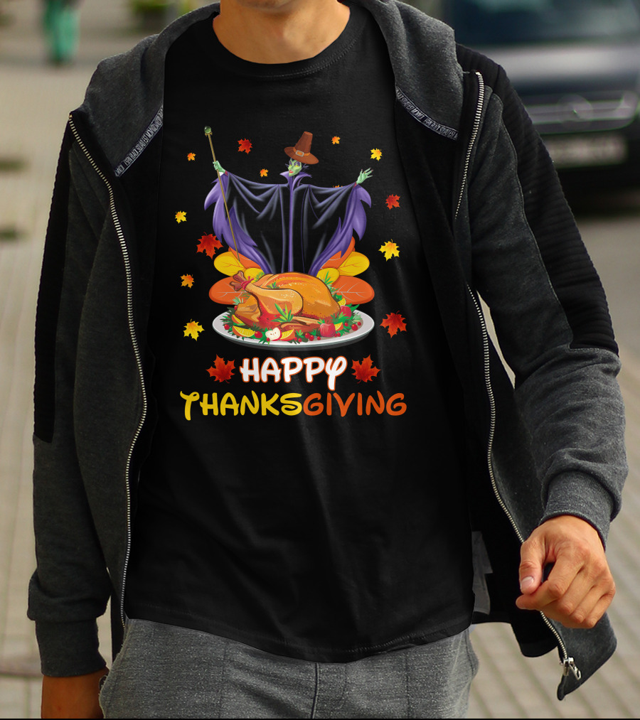 Happy Thanksgiving Maleficent Turkey Feast Magic Leaves T-Shirt