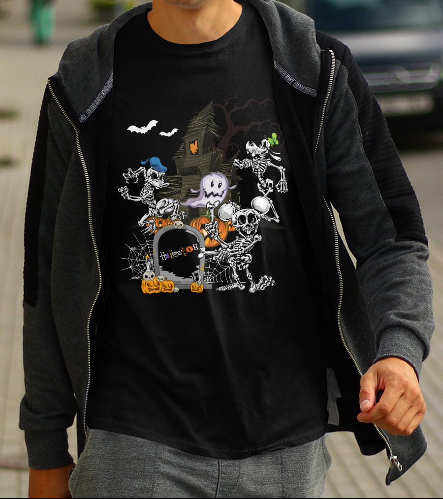 Haunted House Skeleton Dance With Ghost Webs Pumpkins And Bats Halloween T-Shirt