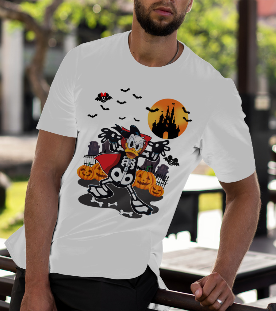 Donald Duck Halloween Skeleton Costume With Bats And Castle T-Shirt